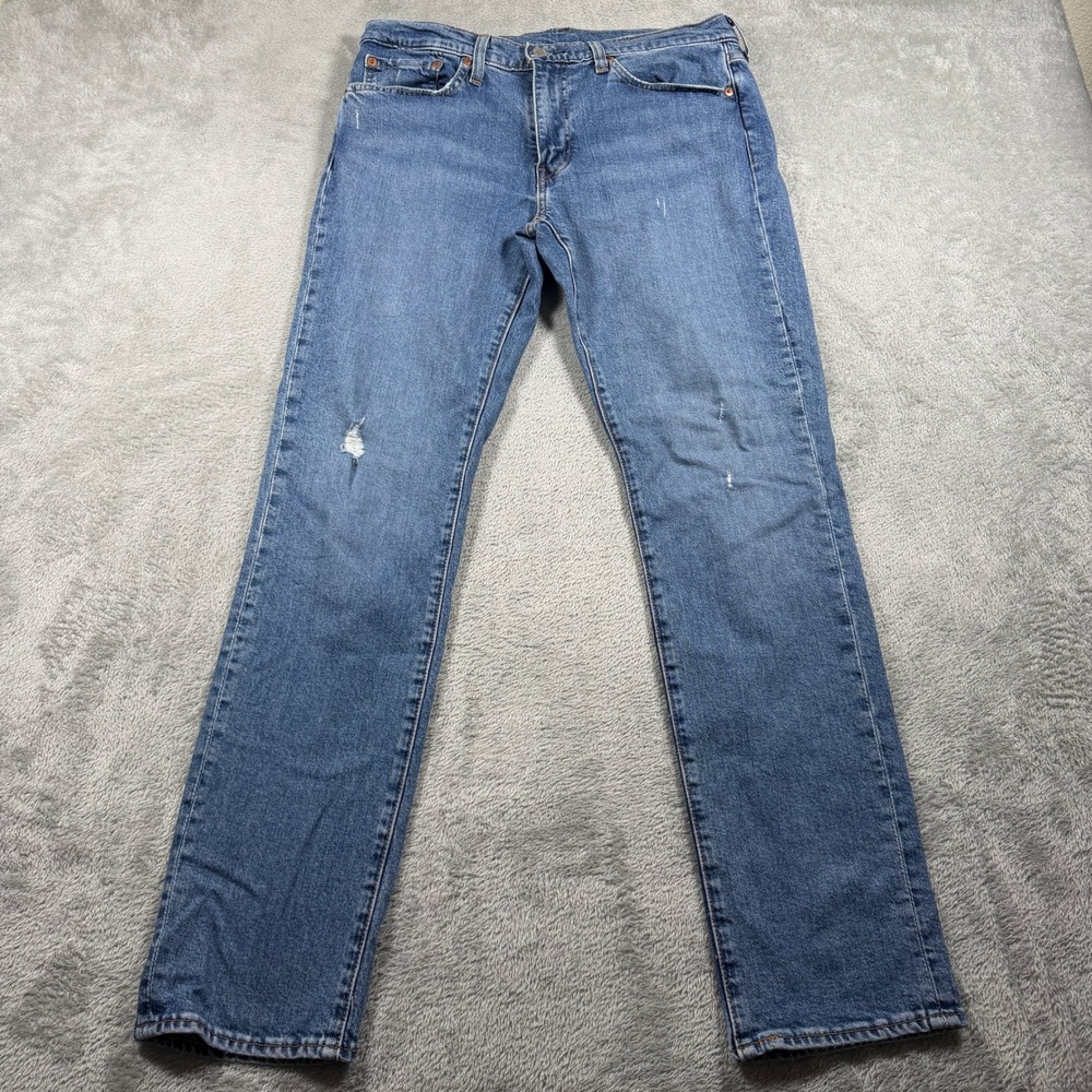 Levis Premium 511 Jeans Men 32x32 (Fit 34x30) Blue Straight Leg Big E Distressed
